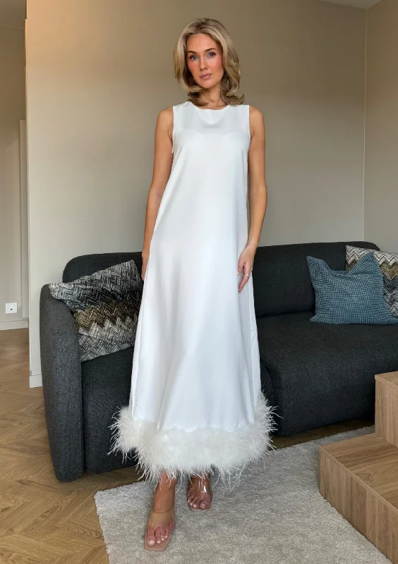 Isabella Maxi Dress White With Feathers Cozy Longline Maxi Dress