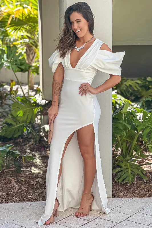 Ivory Open Shoulder Maxi Dress With Slit Stylish Pleated A-Line Maxi Dress