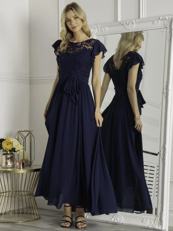 Jolie Moi Crochet Lace Bodice Maxi Dress Navy Elegant Lace-Up Maxi Dress