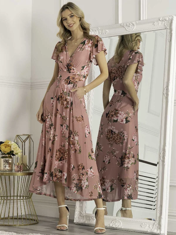 Jolie Moi Eliza Dip Hem Mesh Maxi Dress, Mauve Elegant Maxi Dress with Belt