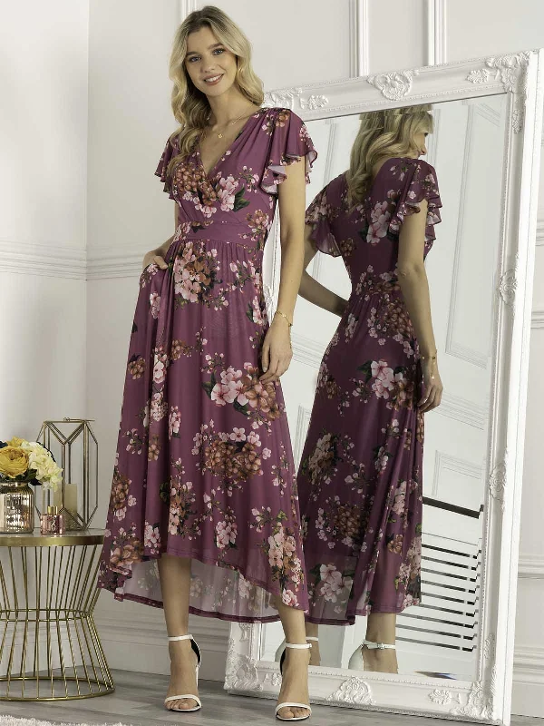 Jolie Moi Eliza Dip Hem Mesh Maxi Dress, Purple Floral Comfortable Fitted Maxi Dress Jolie Moi Eliza Dip Hem Mesh Maxi Dress, Purple Floral Comfortable Fitted Maxi Dress