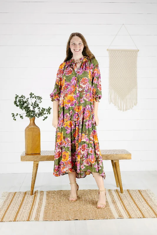 Julie Floral Maxi Dress - Olive Poppy Stylish Maxi Dress with Pleats