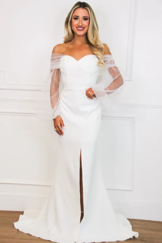 Katherine Off Shoulder Puff Sleeve Maxi Dress: White Elegant Wraparound Maxi Dress