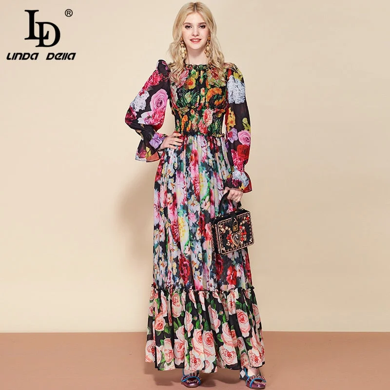 LD LINDA DELLA Runway Summer Long Sleeve Maxi Dress Women's elastic Waist Floral Print Elegant Party Holiday Long Dress Fashionable Chiffon Tiered Maxi Dress LD LINDA DELLA Runway Summer Long Sleeve Maxi Dress Women's elastic Waist Floral Print Elegant Party Holiday Long Dress Fashionable Chiffon Tiered Maxi Dress