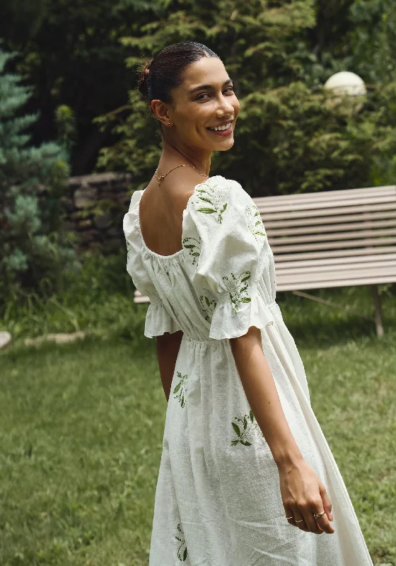 LINEN LILY EMBROIDERY MAXI DRESS Elegant Floral Maxi Dress