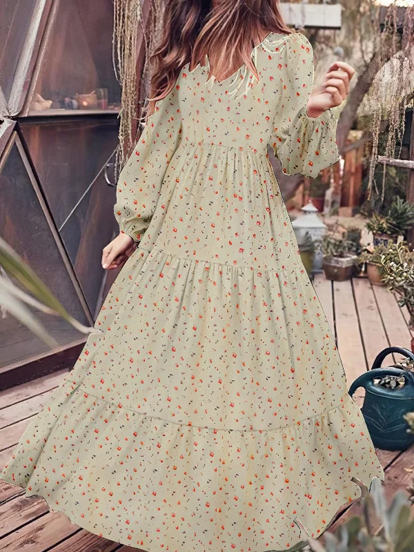 Long Maxi Dress with Puff Sleeves Comfortable Ruffle Maxi Dress