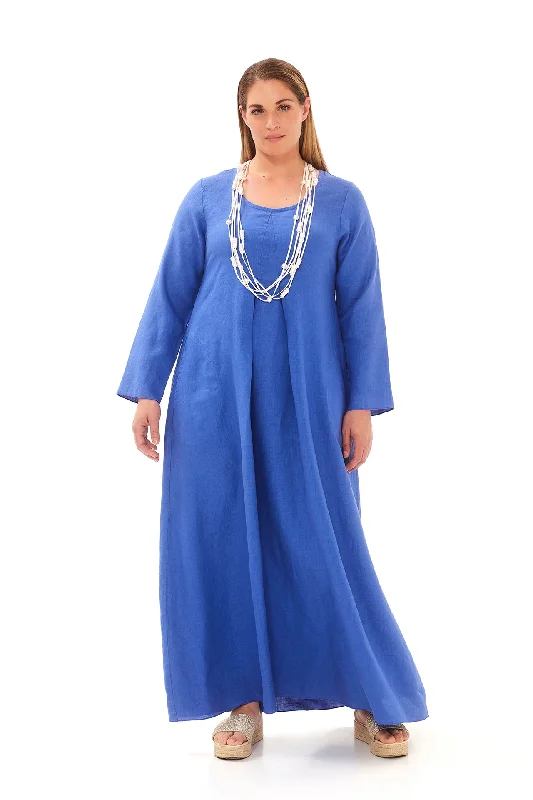 Long Sleeve Linen Maxi Dress Blue Comfortable Maxi Dress with Slits