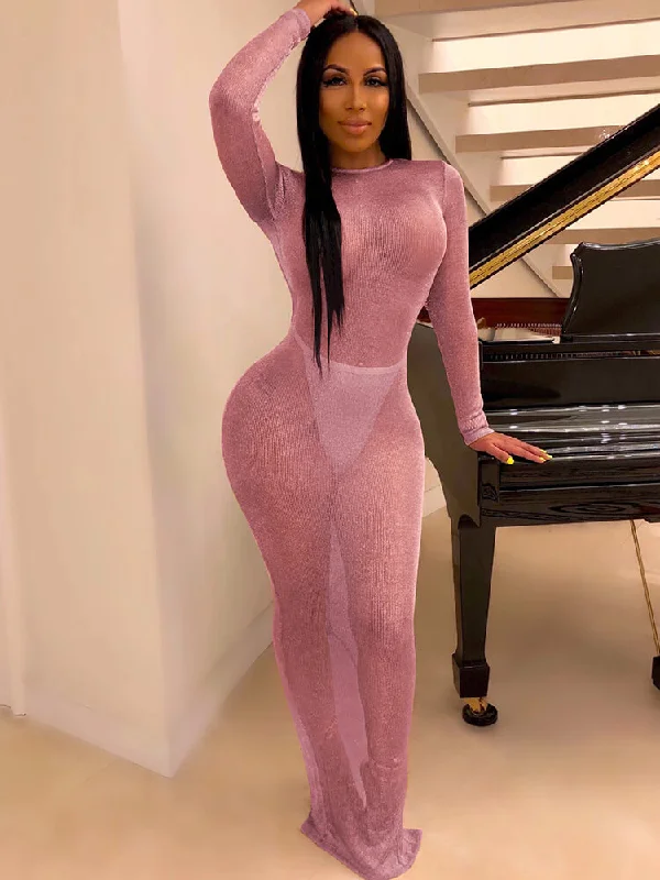 Long Sleeve Mesh Backless Bodycon Maxi Dress Comfortable Casual Maxi Dress
