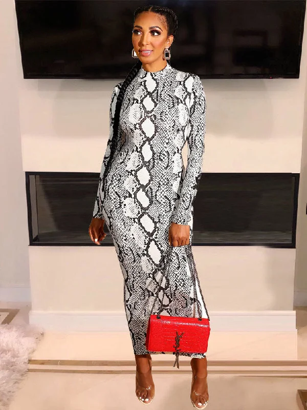 Long Sleeve Serpentine Pencil Maxi Dresses Trendy Maxi Dress with Straps