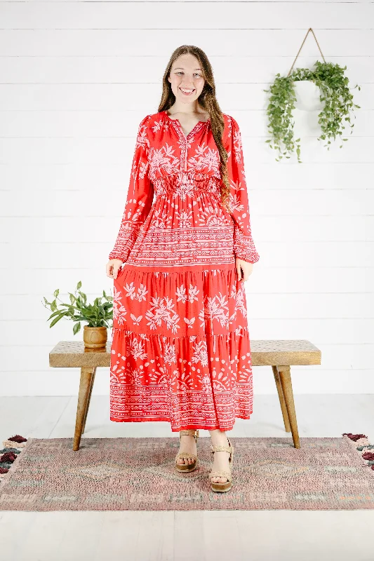 Madrid Mixed Print Maxi Dress - Red Trendy Maxi Dress with Belt