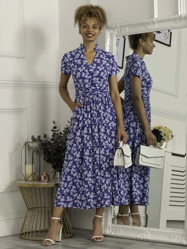 Marbouka Stand Collar Maxi Dress, Blue Floral Stylish Boho Chic Maxi Dress