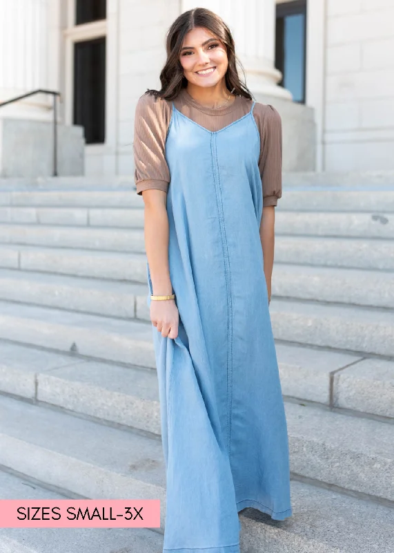 Margie Denim Maxi Dress Elegant Lace-Up Maxi Dress
