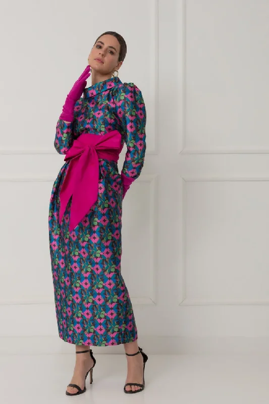 Matilde Cano Blue/Pink Floral Print Maxi Dress With Bow Waist Chic Summer Floral Maxi Dress Matilde Cano Blue/Pink Floral Print Maxi Dress With Bow Waist Chic Summer Floral Maxi Dress