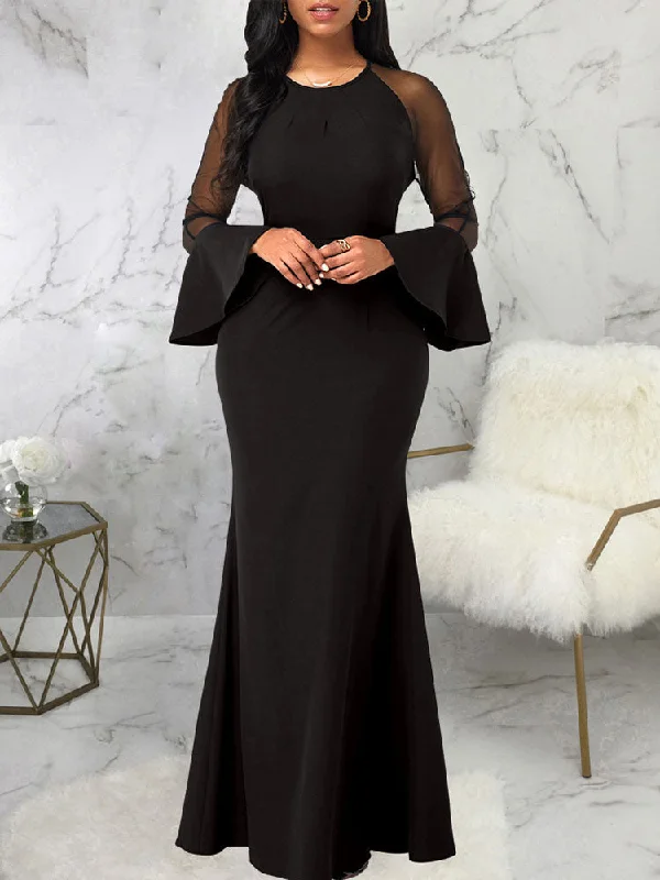 Mesh Patchwork Bell Sleeves Bodycon Maxi Dresses Stylish One-Shoulder Maxi Dress