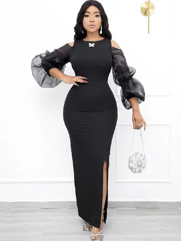Mesh Patchwork Lantern Sleeve Split Bodycon Maxi Dresses Cozy Ribbed Maxi Dress