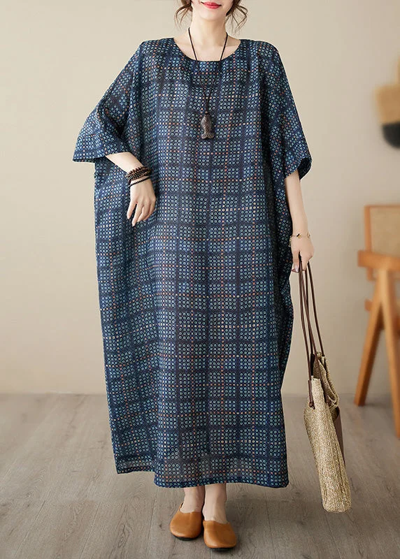 Navy Blue O-Neck Plaid Maxi Dress Short Sleeve Casual Maxi Dress with Pockets