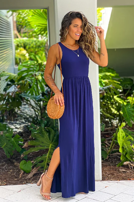 Navy Racer Back Maxi Dress With Side Slit Trendy Maxi Dress with Straps