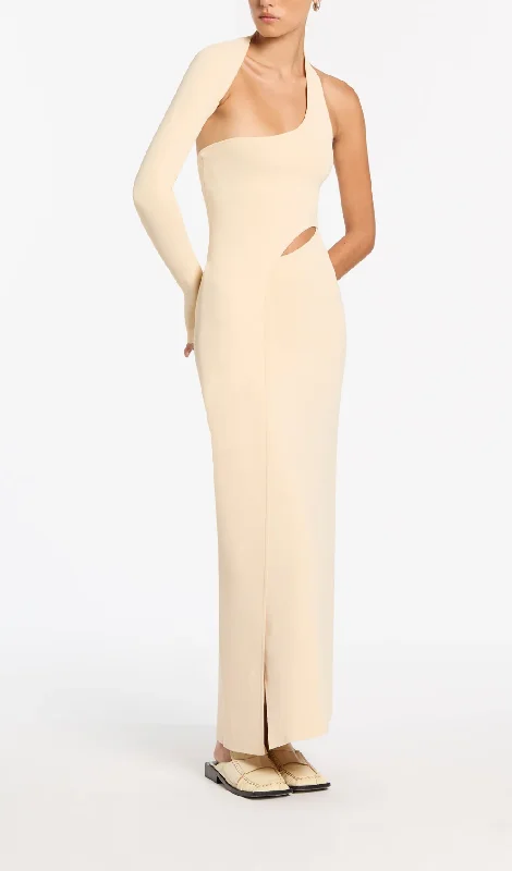 OFF-WHITE ONE-SLEEVE ELASTIC BANDAGE MIDRIFF-BARING MAXI DRESS Casual Maxi Dress with Pockets OFF-WHITE ONE-SLEEVE ELASTIC BANDAGE MIDRIFF-BARING MAXI DRESS Casual Maxi Dress with Pockets