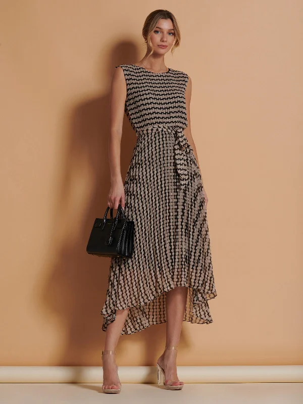 Pleated Chiffon High Low Maxi Dress, Stone/Black Fashionable Open-Back Maxi Dress