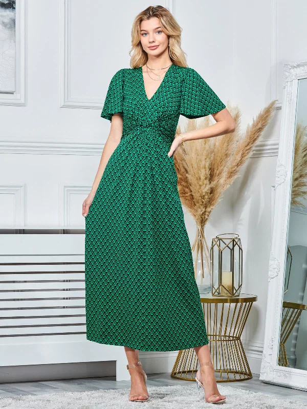 Plunge Neck Twist Front Maxi Dress, Green Geometric Trendy Button Front Maxi Dress
