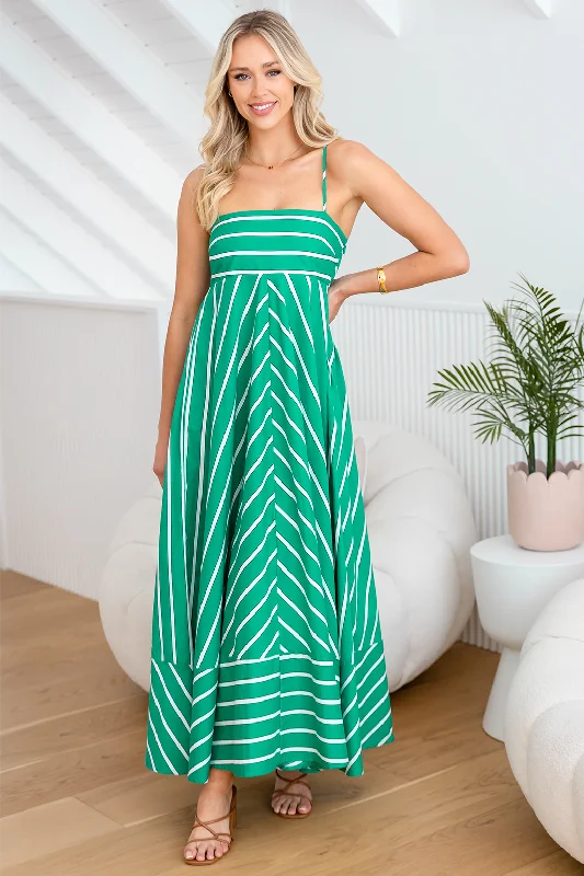 Portafino Maxi Dress Green Stripe Trendy Maxi Dress with Bow