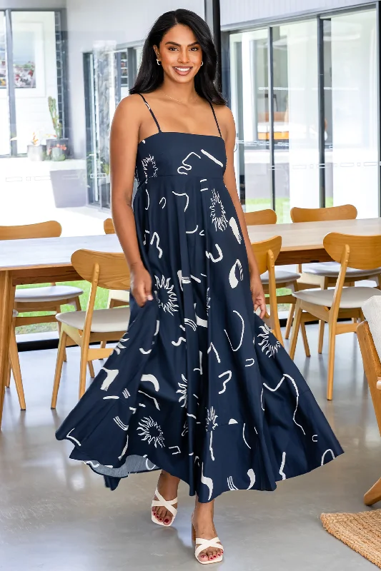 Portafino Maxi Dress Navy Dali Print Fashionable High-Waist Maxi Dress
