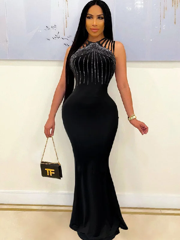 Rhinestone Sleeveless Bodycon Maxi Dress Fashionable Layered Maxi Dress