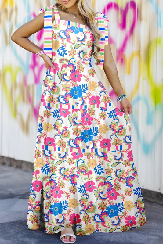 Blue Zone Planet |  Rose Red Striped Trim Self-tie Straps Floral Maxi Dress Trendy V-Neck Maxi Dress