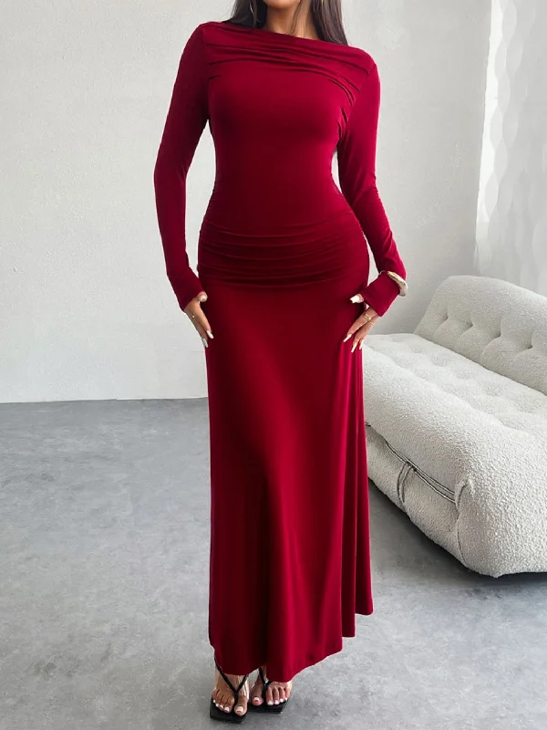 Ruched Long Sleeve Maxi Dress Fashionable Button-Down Maxi Dress