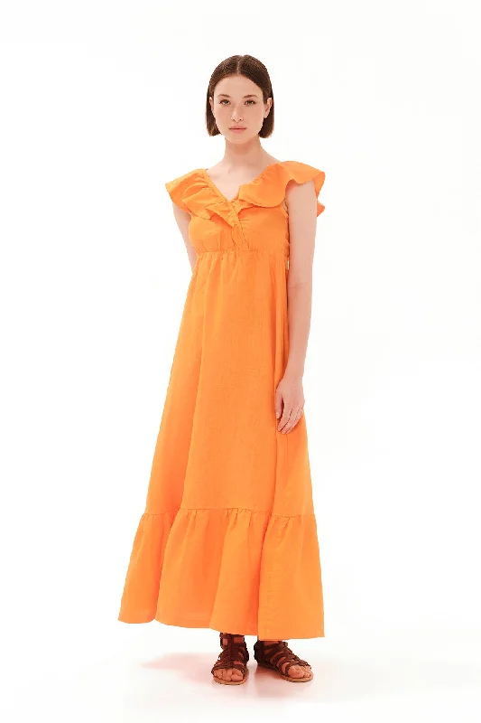 Ruffle Linen Maxi Dress Comfortable Long-Sleeve Maxi Dress