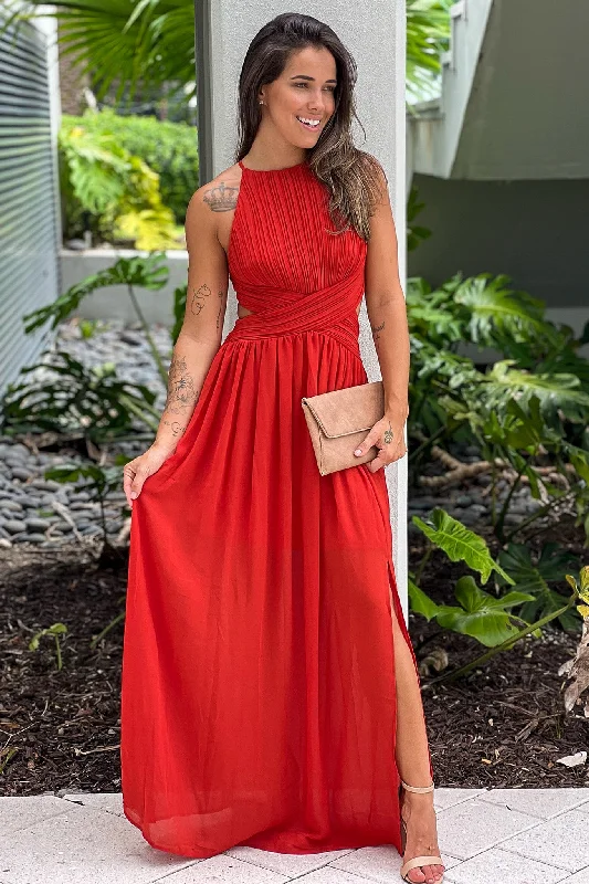 Rust Pleated Maxi Dress Elegant Wraparound Maxi Dress