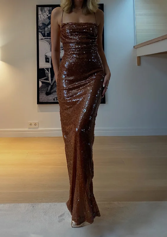 Sequin Maxi Dress Brown Comfortable Maxi Dress with Slits