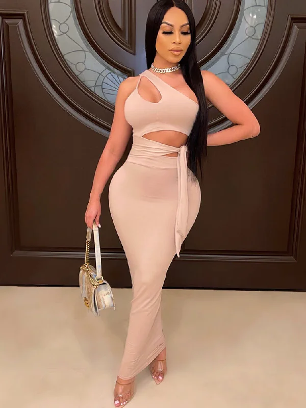 Sleeveless One Shoulder Tie Waist Maxi Dress Outfits Stylish A-Line Maxi Dress