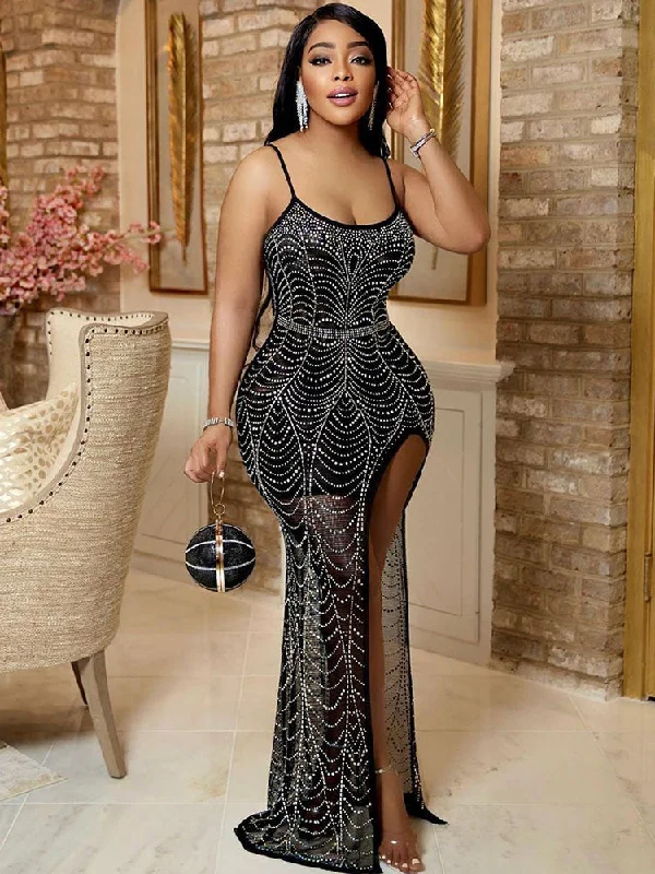 Sleeveless Rhinestone Mesh Patchwork Maxi Dresses Stylish Off-Shoulder Maxi Dress