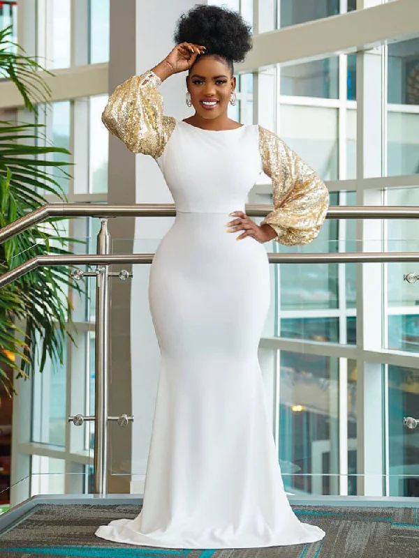 Solid Color Glitter Long Puff Sleeve Fishtail Maxi Dresses Fashionable Halter Neck Maxi Dress