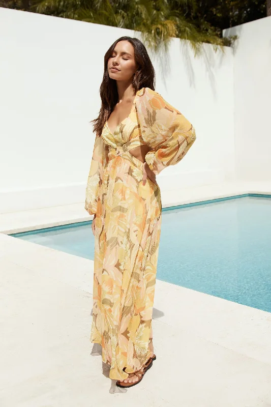 Starlight Blooms Long Sleeve Maxi Dress Yellow Comfortable Long-Sleeve Maxi Dress