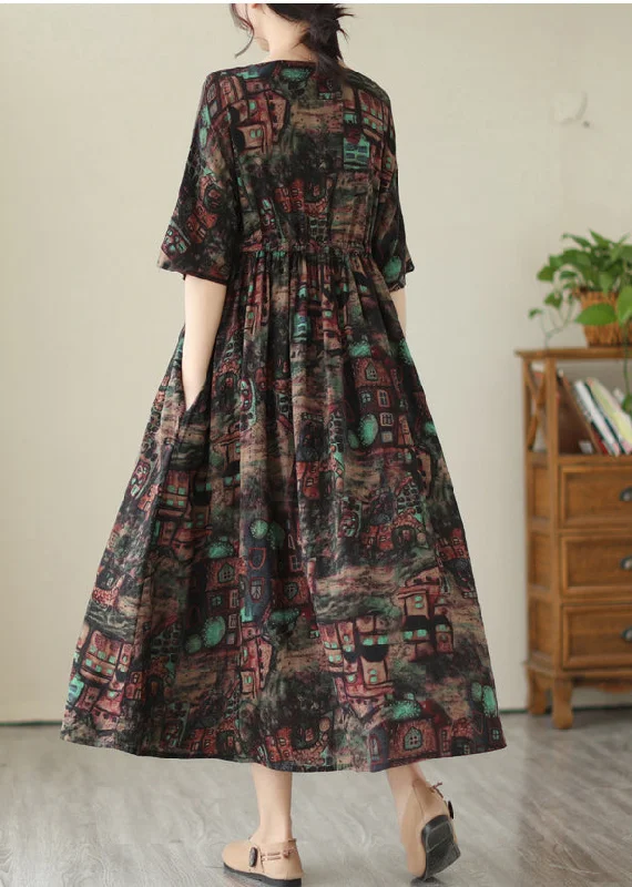 Style Black Cinched Print Linen Maxi Dresses Summer Comfortable Maxi Dress with Sleeves Style Black Cinched Print Linen Maxi Dresses Summer Comfortable Maxi Dress with Sleeves