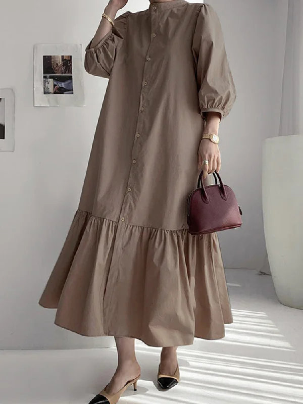 Women Solid Color Button Down Front 3/4 Sleeve Maxi Dresses Elegant Maxi Dress with Drapes