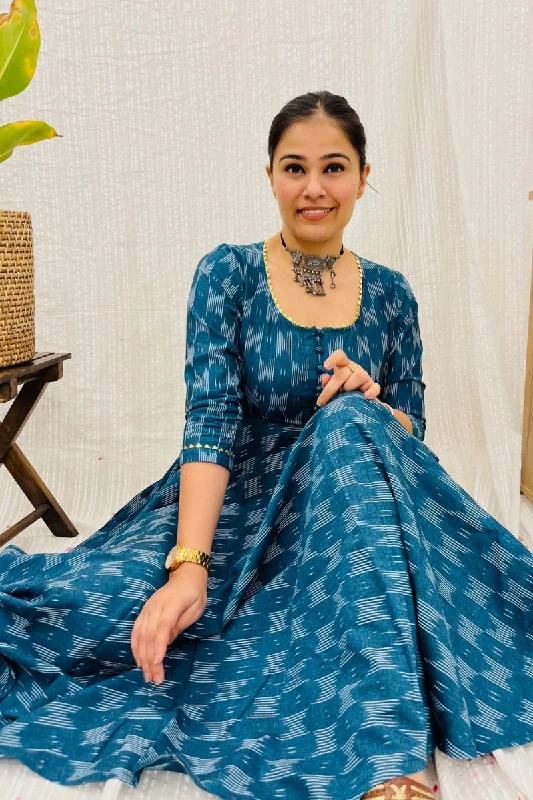 Teal Ikat Twirl Maxi Dress Cozy Ruffle Sleeve Maxi Dress