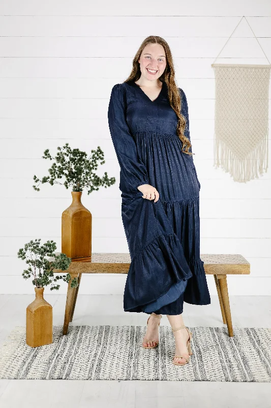 Tiana Satin Maxi Dress - Navy Trendy Ruffled Maxi Dress