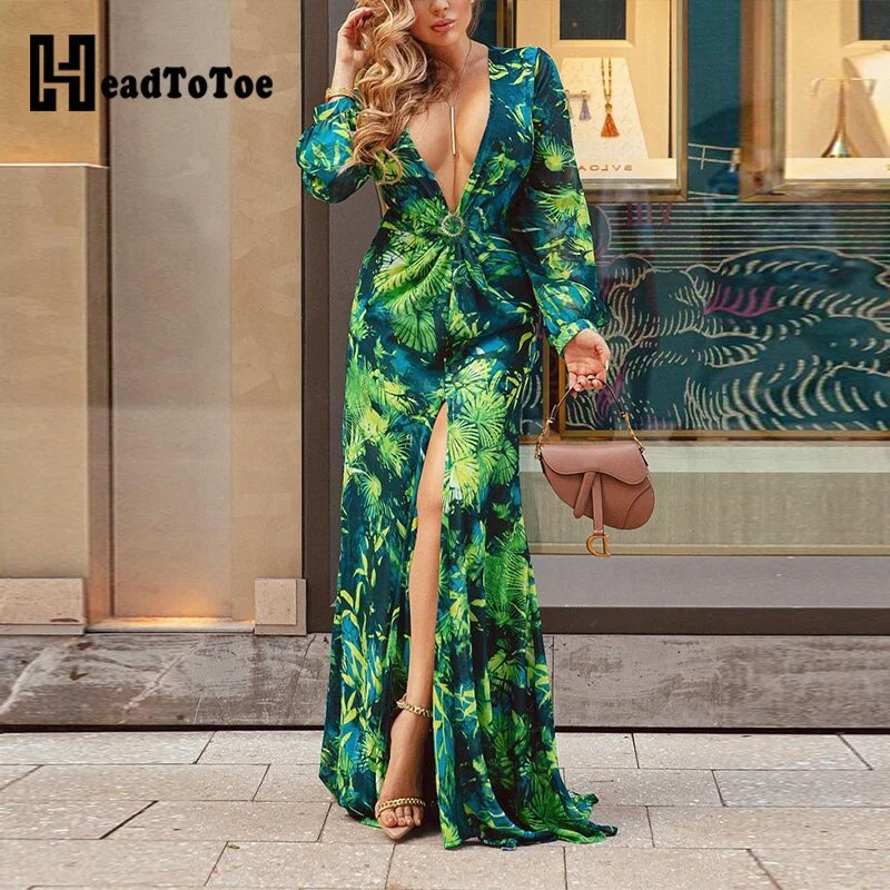 Tropical Print Plunging Neck Split Thigh Maxi Dress Women Sexy Long Dresses Comfortable Maxi Dress with Sleeves Tropical Print Plunging Neck Split Thigh Maxi Dress Women Sexy Long Dresses Comfortable Maxi Dress with Sleeves