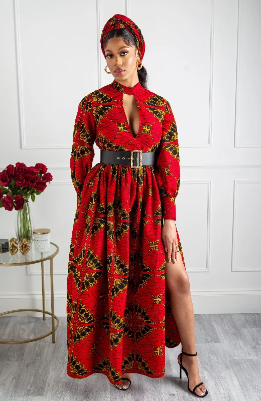 Turtleneck Plunge African Print Maxi Dress | Long Sleeved Maxi Dress - CORDELIA Comfortable Pleated Maxi Dress Turtleneck Plunge African Print Maxi Dress | Long Sleeved Maxi Dress - CORDELIA Comfortable Pleated Maxi Dress