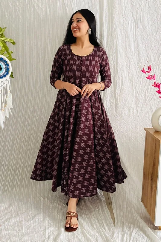 Wine Ikat Twirl Maxi Dress Stylish Maxi Dress with Frills