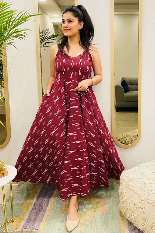 Wine Ikat Spaghetti Twirl Maxi Dress Comfortable Ruffle Hem Maxi Dress