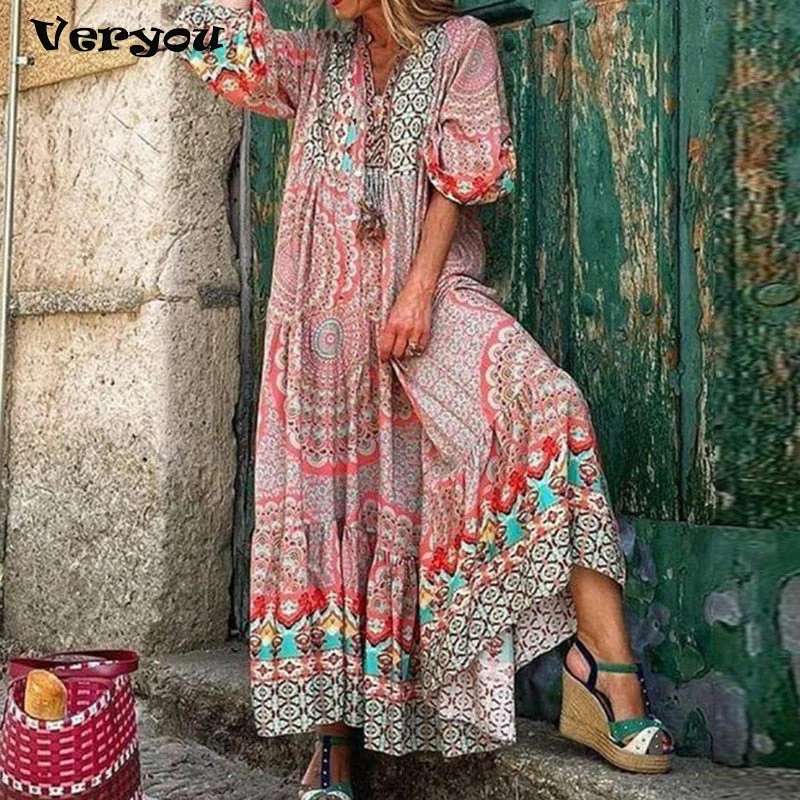 Women Chic Retro Floral Print Boho Dress 2023 Spring Half Sleeve Ruffle Maxi Dress Summer V Neck Button Beach Holiday Dress Fashionable Off-Shoulder Maxi Dress