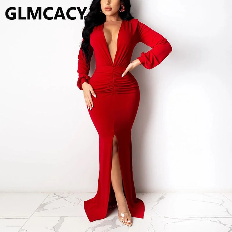 Women Long Sleeve Plunge Neck Maxi Dress Formal Elegant Slit Evening Mermaid Dresses Stylish Longline Maxi Dress Women Long Sleeve Plunge Neck Maxi Dress Formal Elegant Slit Evening Mermaid Dresses Stylish Longline Maxi Dress