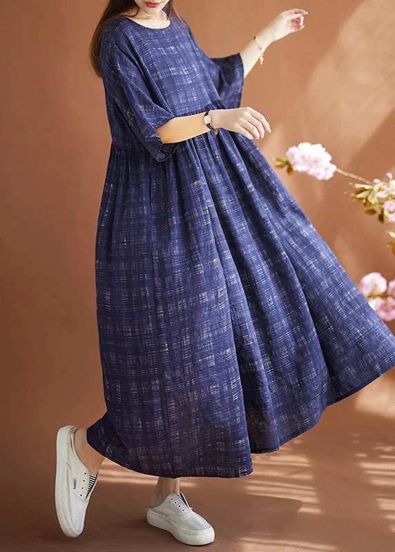Women Navy Oversized Plaid Linen Maxi Dresses Summer Comfortable Flowy Maxi Dress