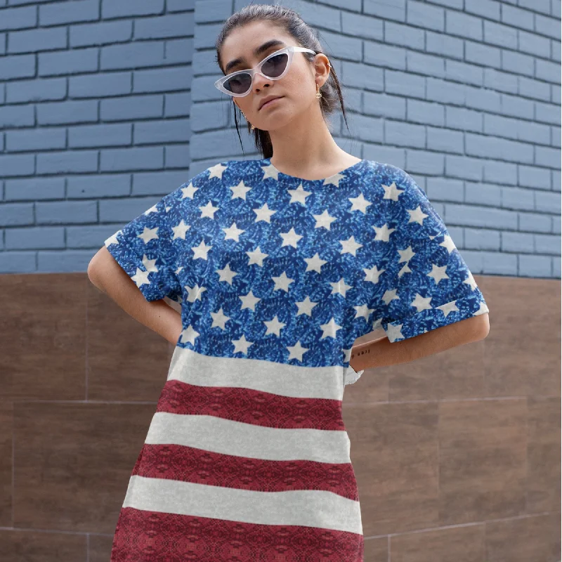 65 MCMLXV Women's Americana USA Flag Print T-Shirt Dress Fleece Nylon Spandex