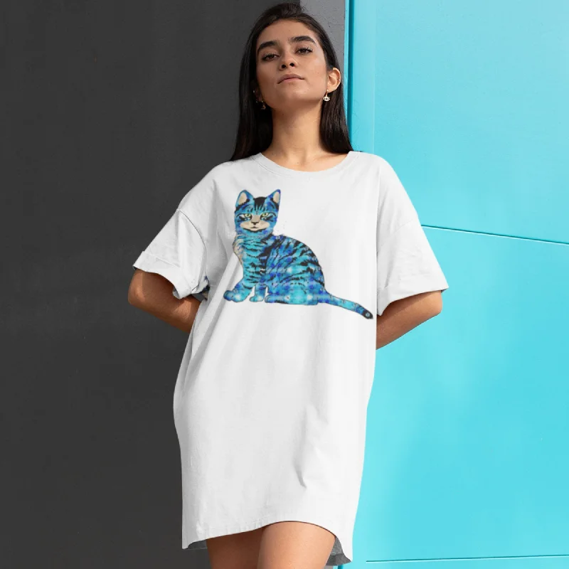 65 MCMLXV Women's Bejeweled Blue 70s Disco Cat Organic Cotton T-Shirt Dress Embroidered Appliqued Beaded 65 MCMLXV Women's Bejeweled Blue 70s Disco Cat Organic Cotton T-Shirt Dress Embroidered Appliqued Beaded