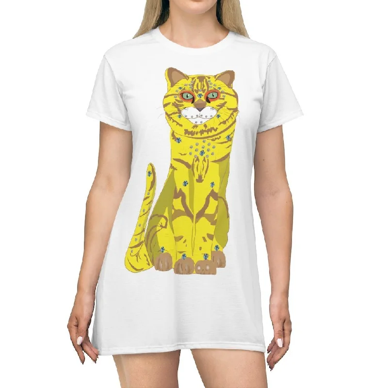 65 MCMLXV Women's Bejeweled Yellow and Blue 70s Disco Cats T-Shirt Dress Graphic T-Shirt Round Neck Polyester